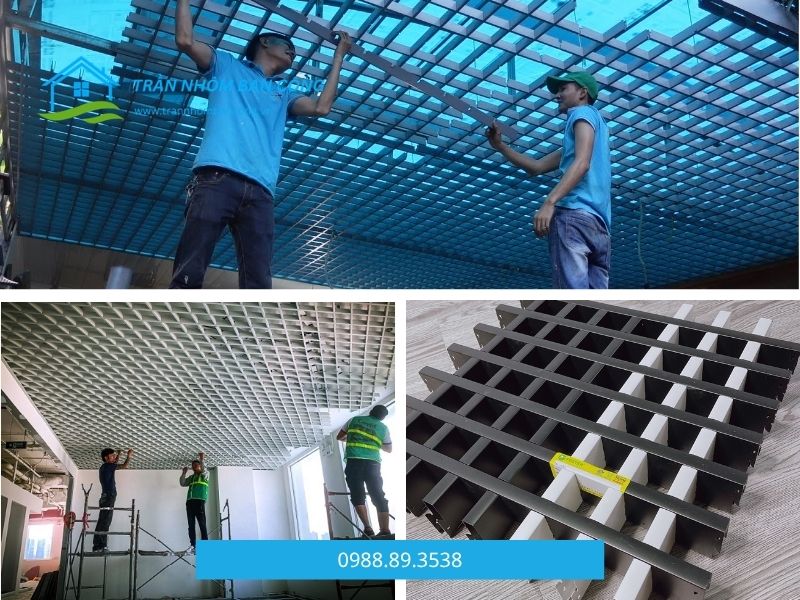 thi công trần nhôm caro 100x100